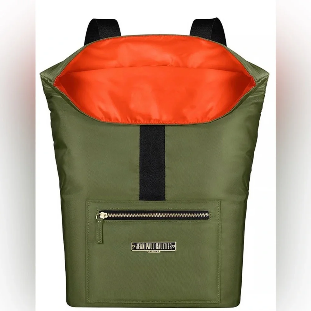 Jean Paul Gaultier PARFUM Olive Green Nylon Backpack | NWOT | Orange Interior